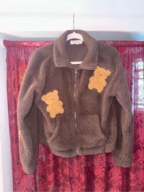 Pink Rose Brown Teddy Appliqué Sherpa Puffer Jacket